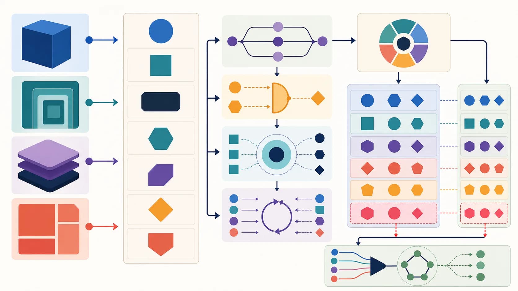 Four geometric source types passing through metadata and verification gates into paired citation-list and in-text motifs with unmatched items isolated