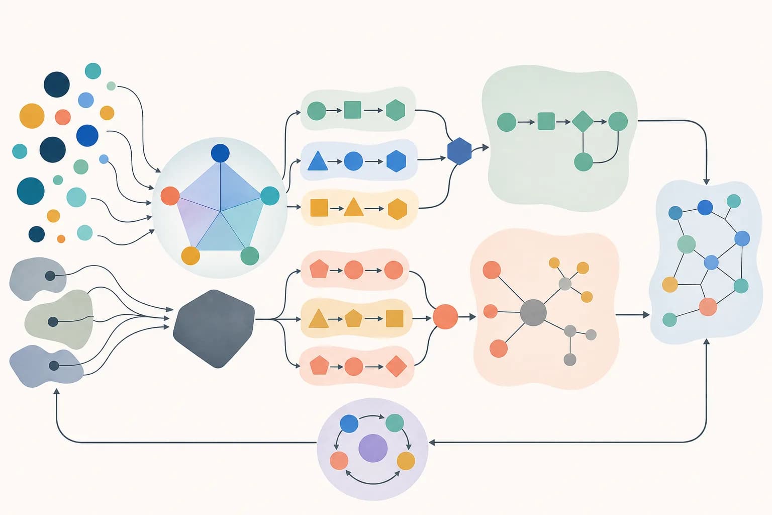 Varied query tokens passing a five-axis intent lens into one consolidated process-page graph and one distinct relationship-page graph connected through a review loop