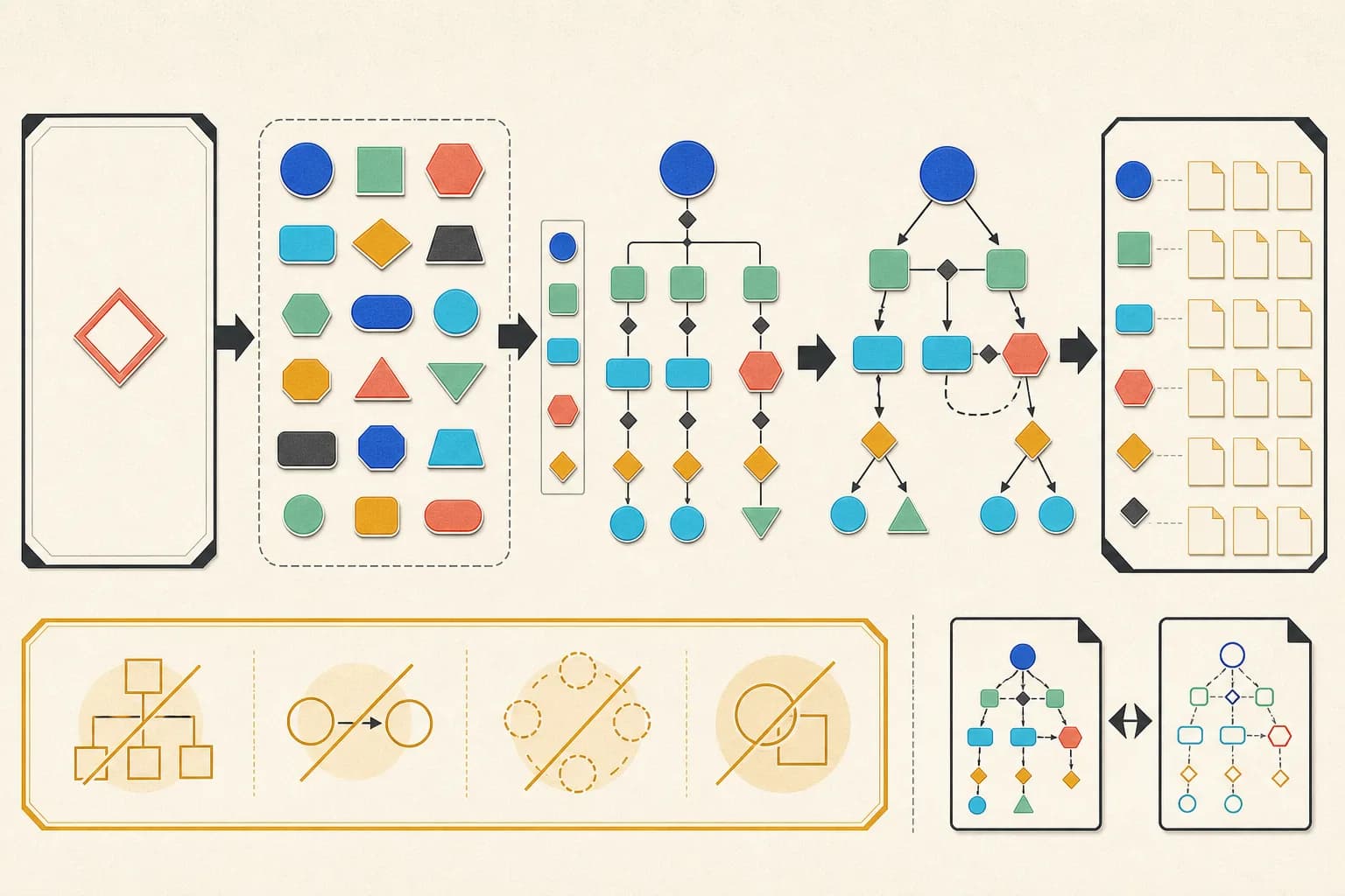 A focus-question frame and bounded concept tokens moving through labeled relationship construction into a connected map beside source-evidence review cards