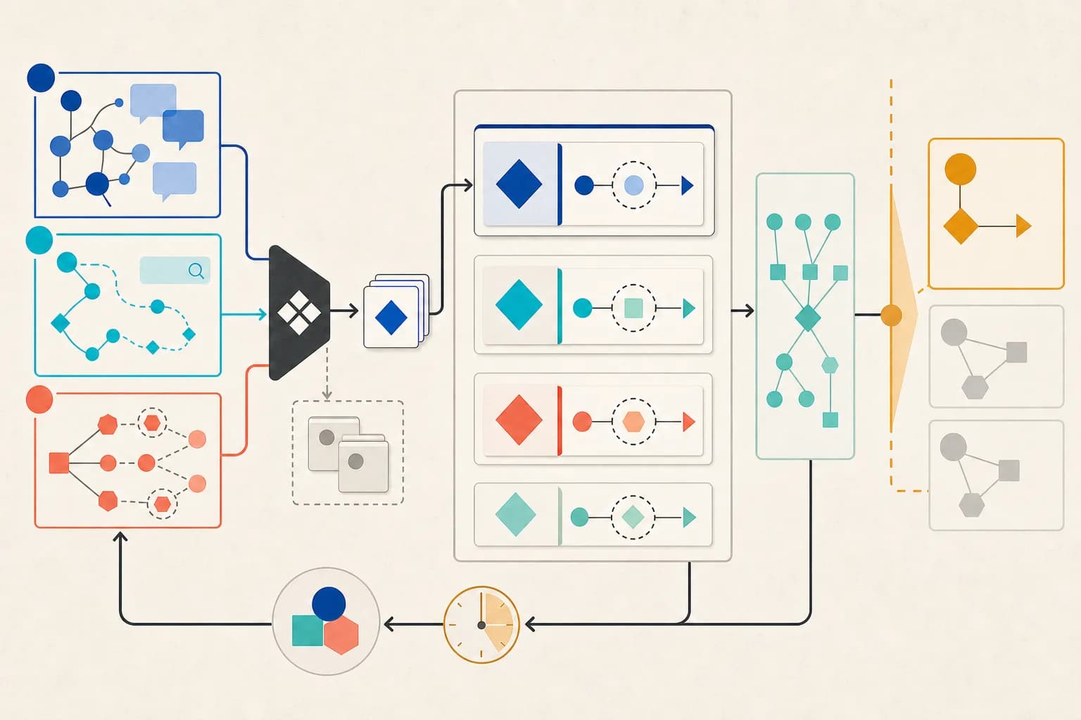 Support, search and product-event graphs feeding consolidated question and evidence-answer pairs beside a visible FAQ graph and conditional search-display boundary