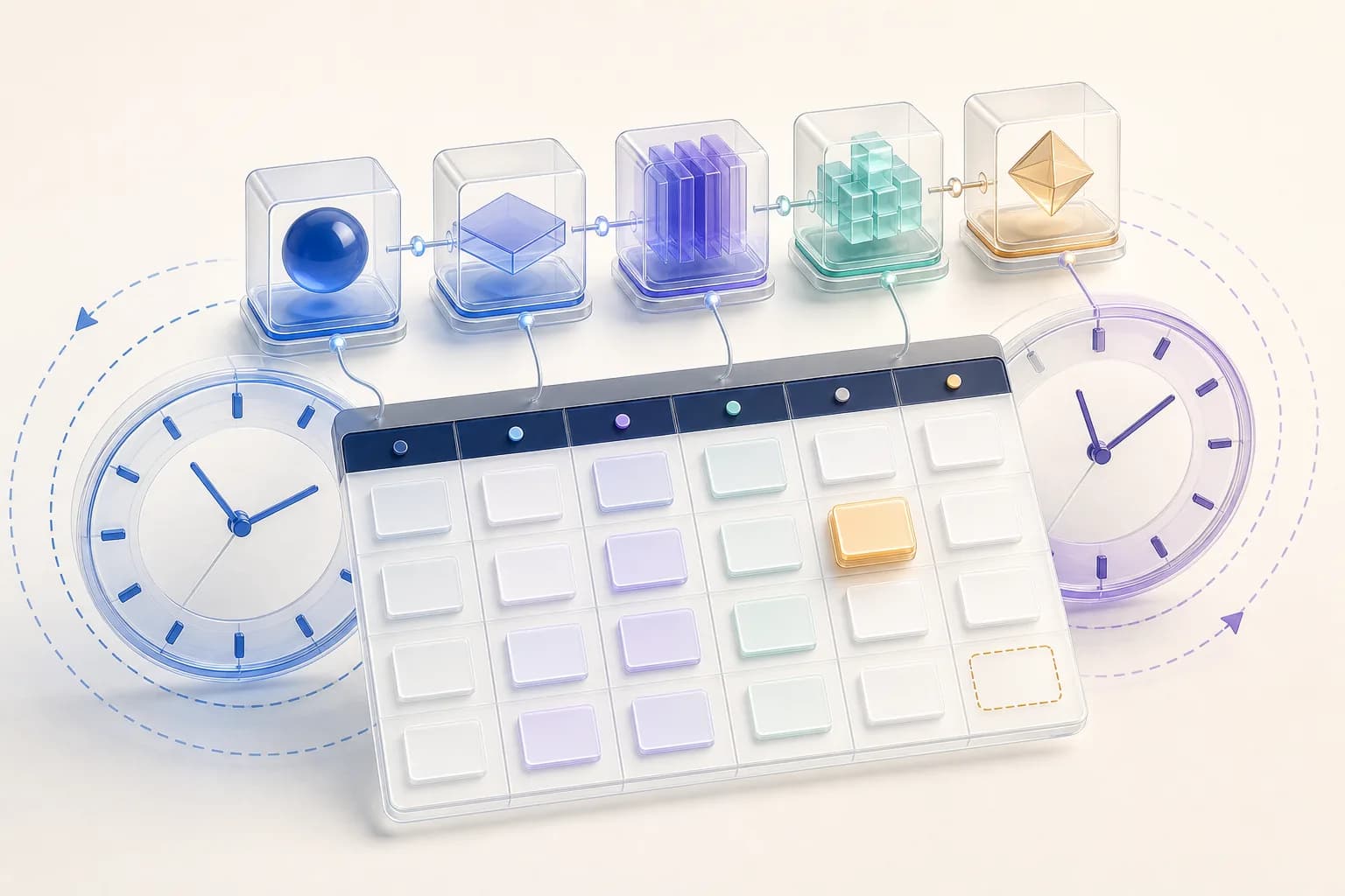 Five schedule modules aligned with a calendar between two offset clocks