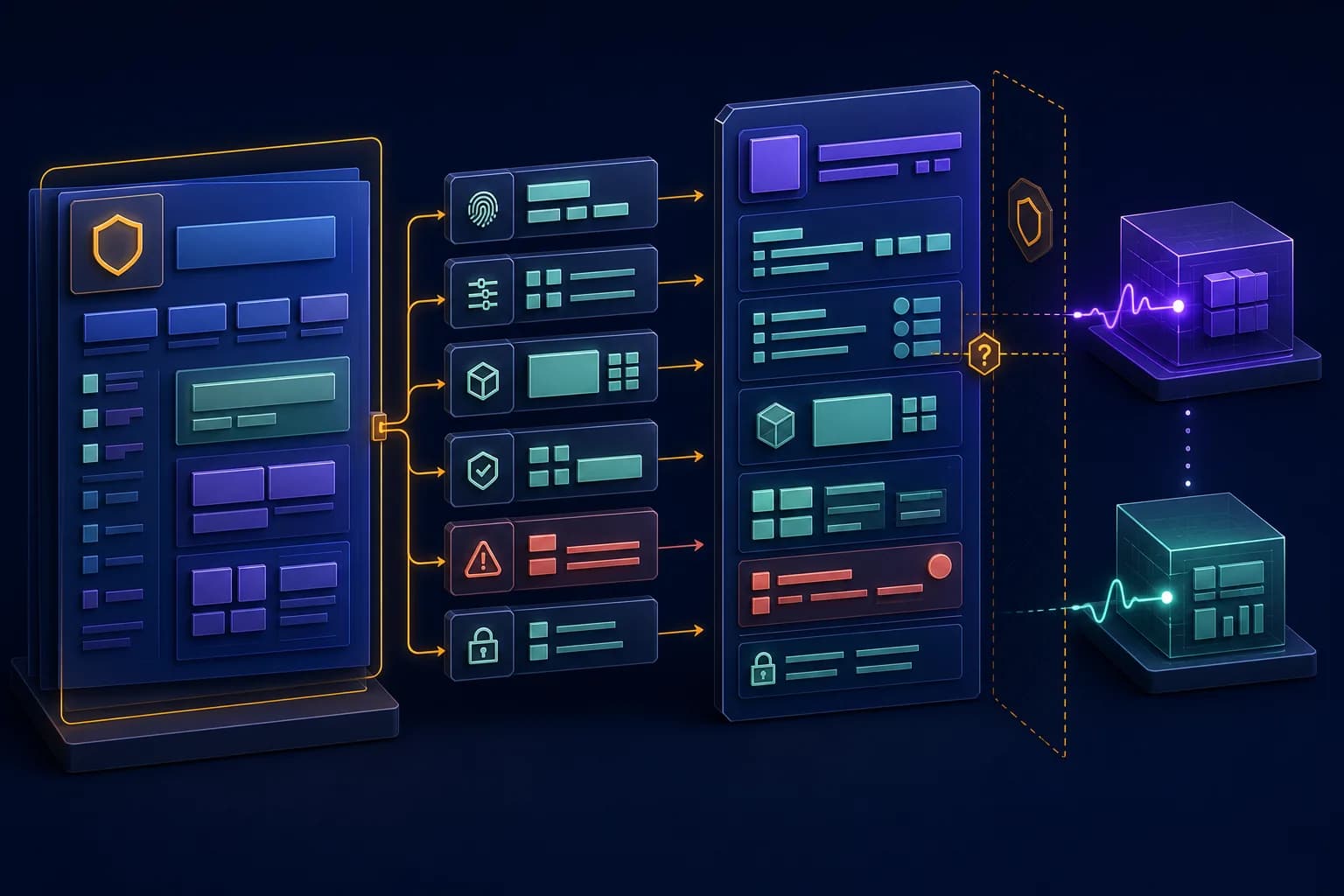 An API contract moving through operation, parameter, body, response, error and security checks into a reference page beside a separate runtime boundary