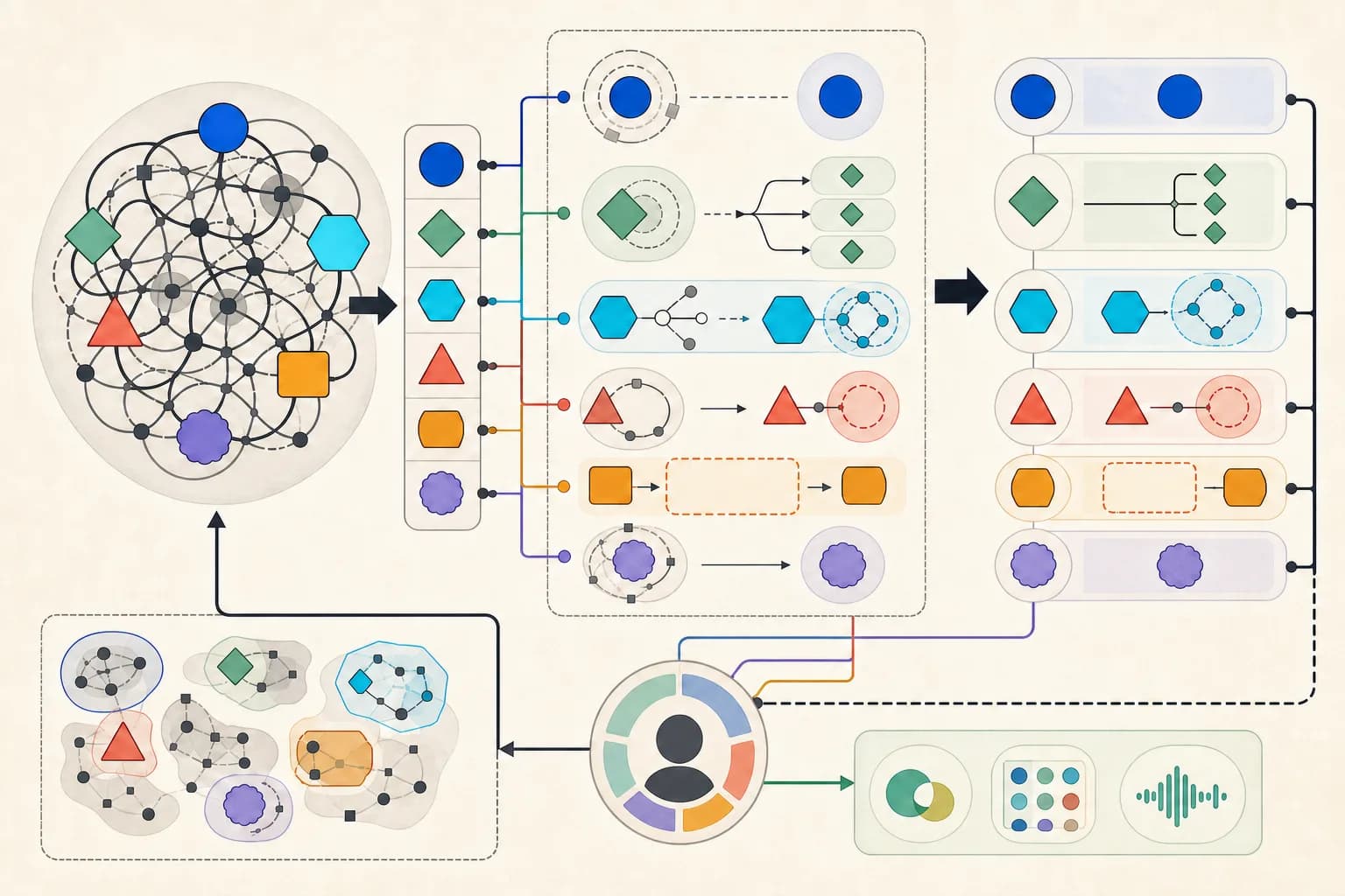 A tangled source graph passing through a six-token meaning ledger and clarity operations into clean modules with an exposed boundary gap, reviewer trace and reverse-check path