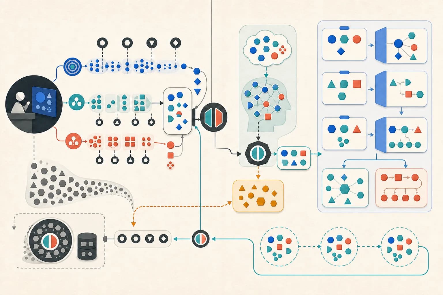 Three lecture-source channels passing through memory reconstruction and source reconciliation into traceable question-first revision notes and later retrieval sessions