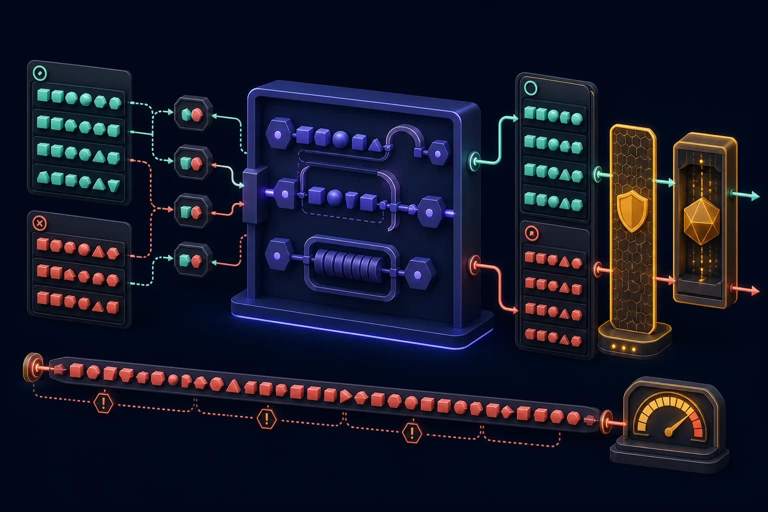 Accepted and rejected example tokens moving through a bounded pattern engine into match outcomes beside dialect, meaning and performance boundaries