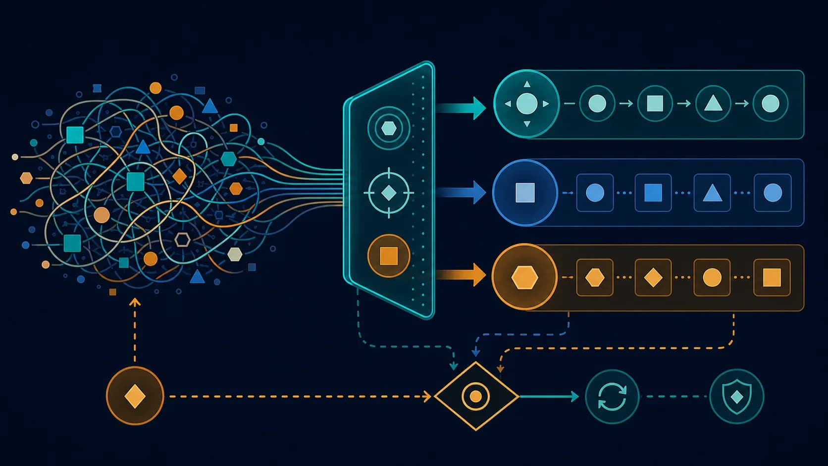 A dense network passing through a task filter into three geometric information layers with a comprehension loop and precision return path