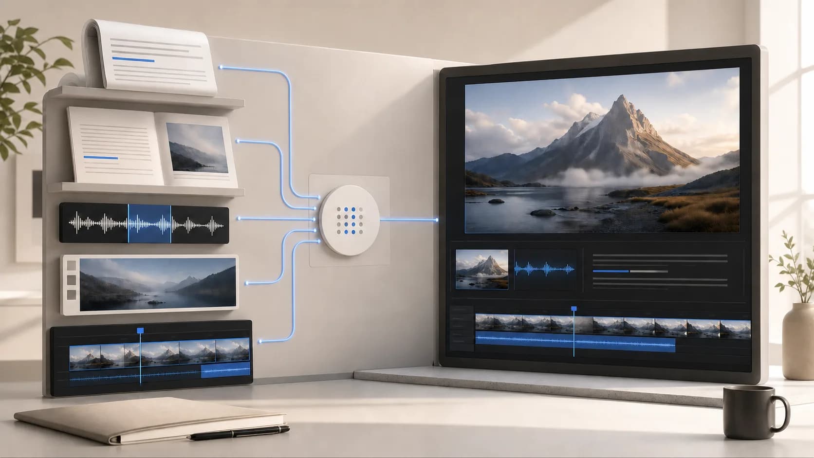 Text, document, audio, image and video sources joining a visible workflow that produces one finished result