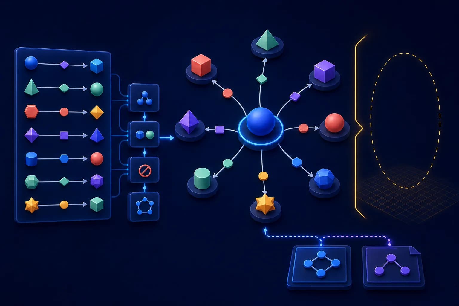 Geometric relationship records passing graph validation gates before a connected radial concept map beside an empty no-inference boundary