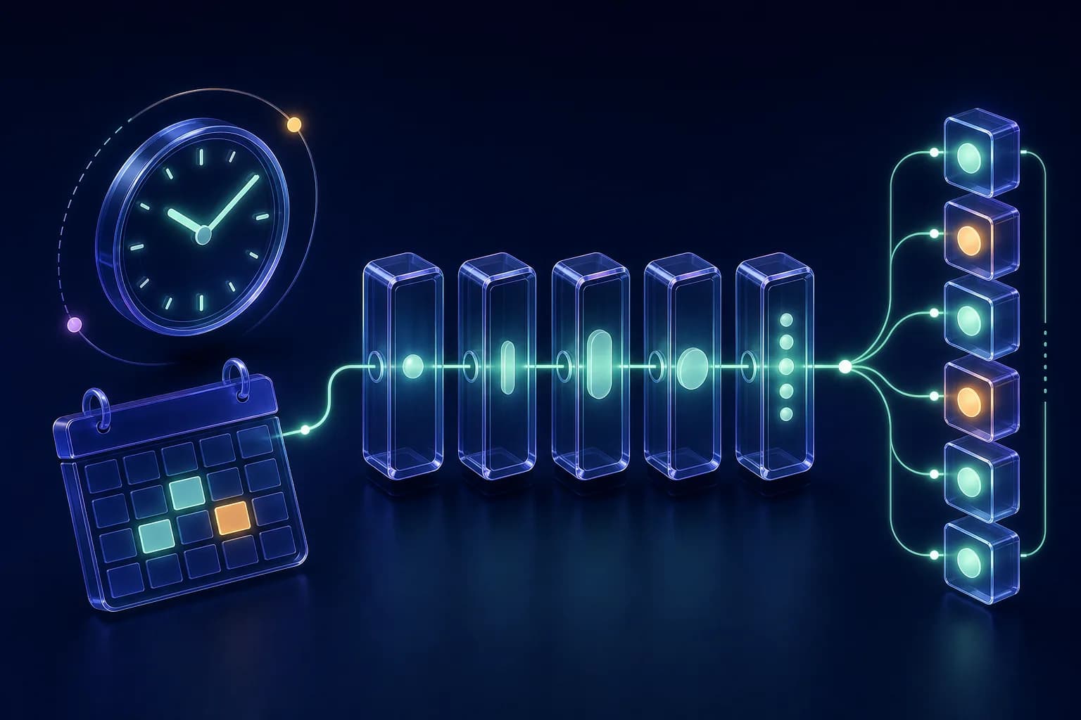 A clock and calendar sending a timing pulse through five glass modules into repeating event tiles