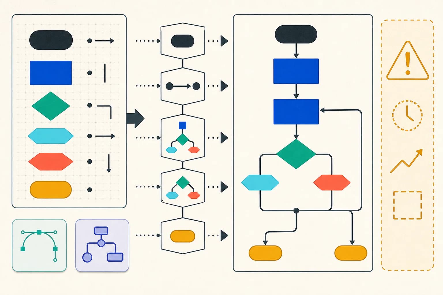 Geometric process tokens passing start, endpoint, reachability and branch-label validation before a loop-aware flowchart beside a runtime-evidence boundary