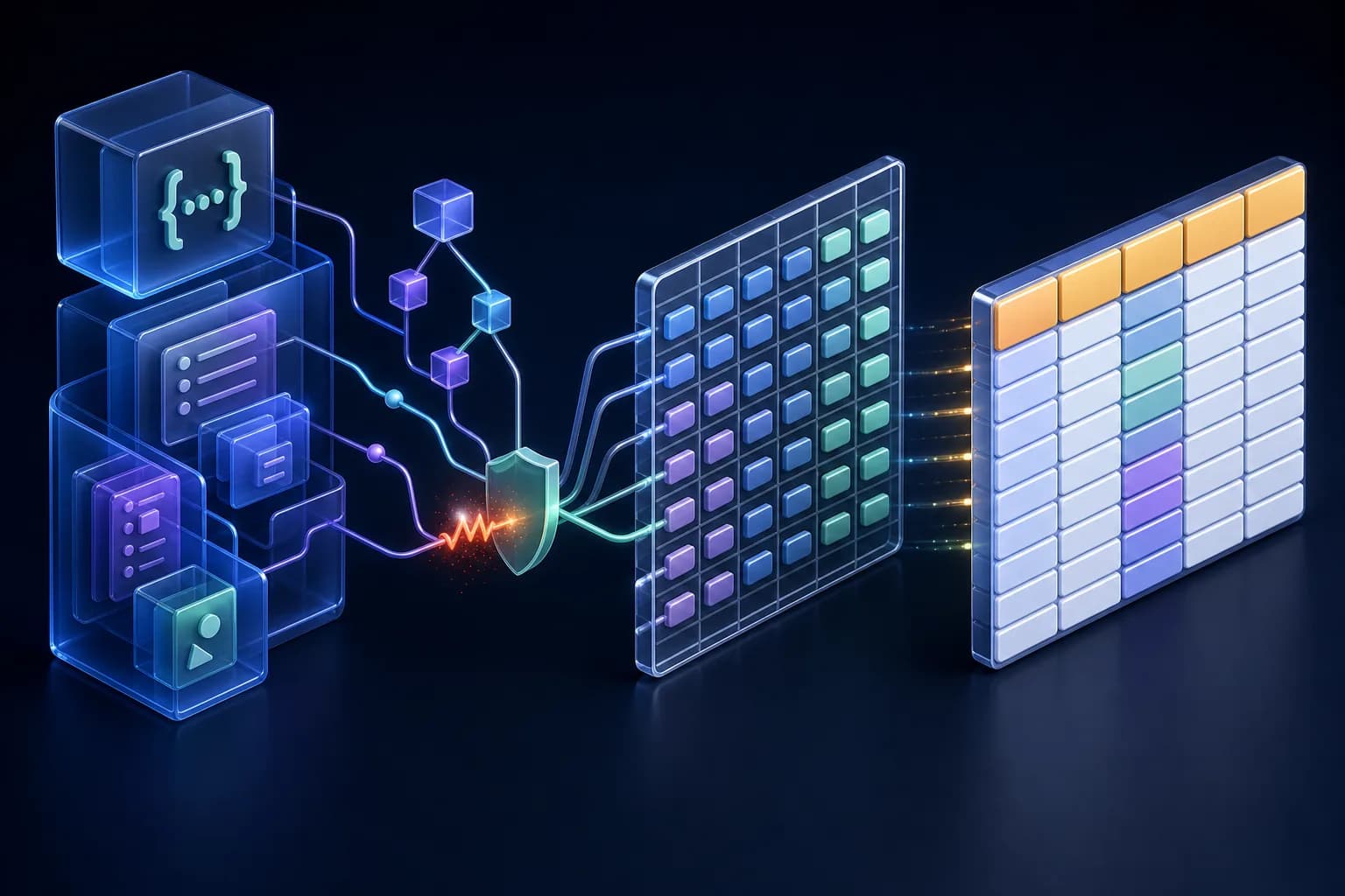 Nested translucent data containers flowing through a protected flattening grid into aligned spreadsheet columns