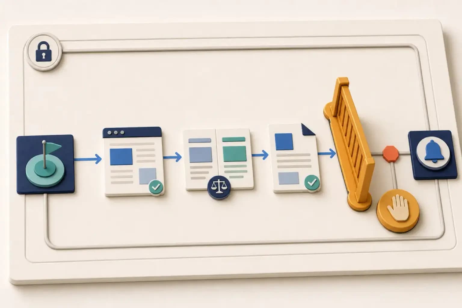 AI Agent Builder concept artwork illustrating this interface preview: Previews an agent workflow designer that maps goals, tools, state transitions and human approval gates without executing actions.