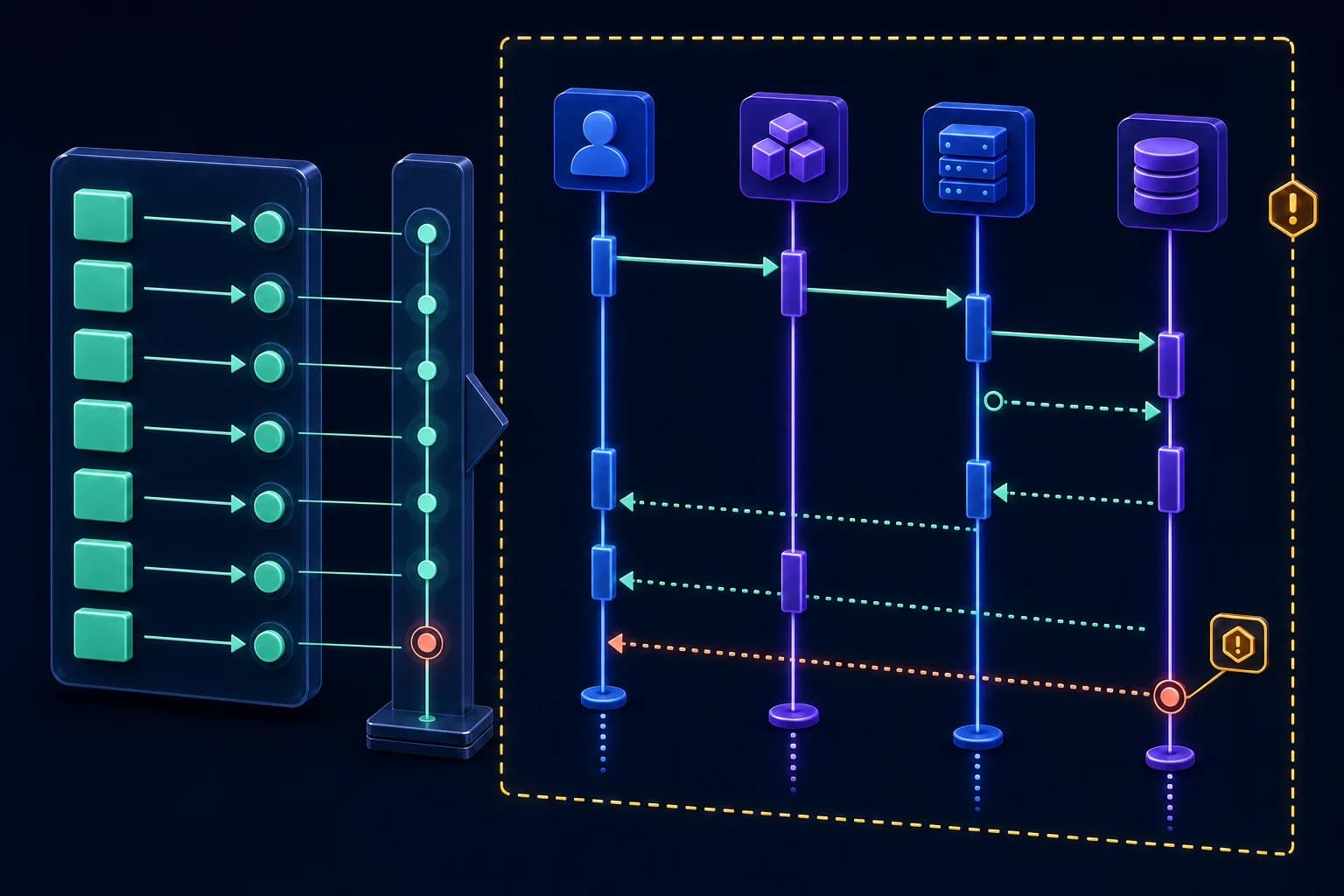 An interaction manifest feeding four participant lifelines with ordered request, asynchronous and return arrows beside a runtime-evidence boundary