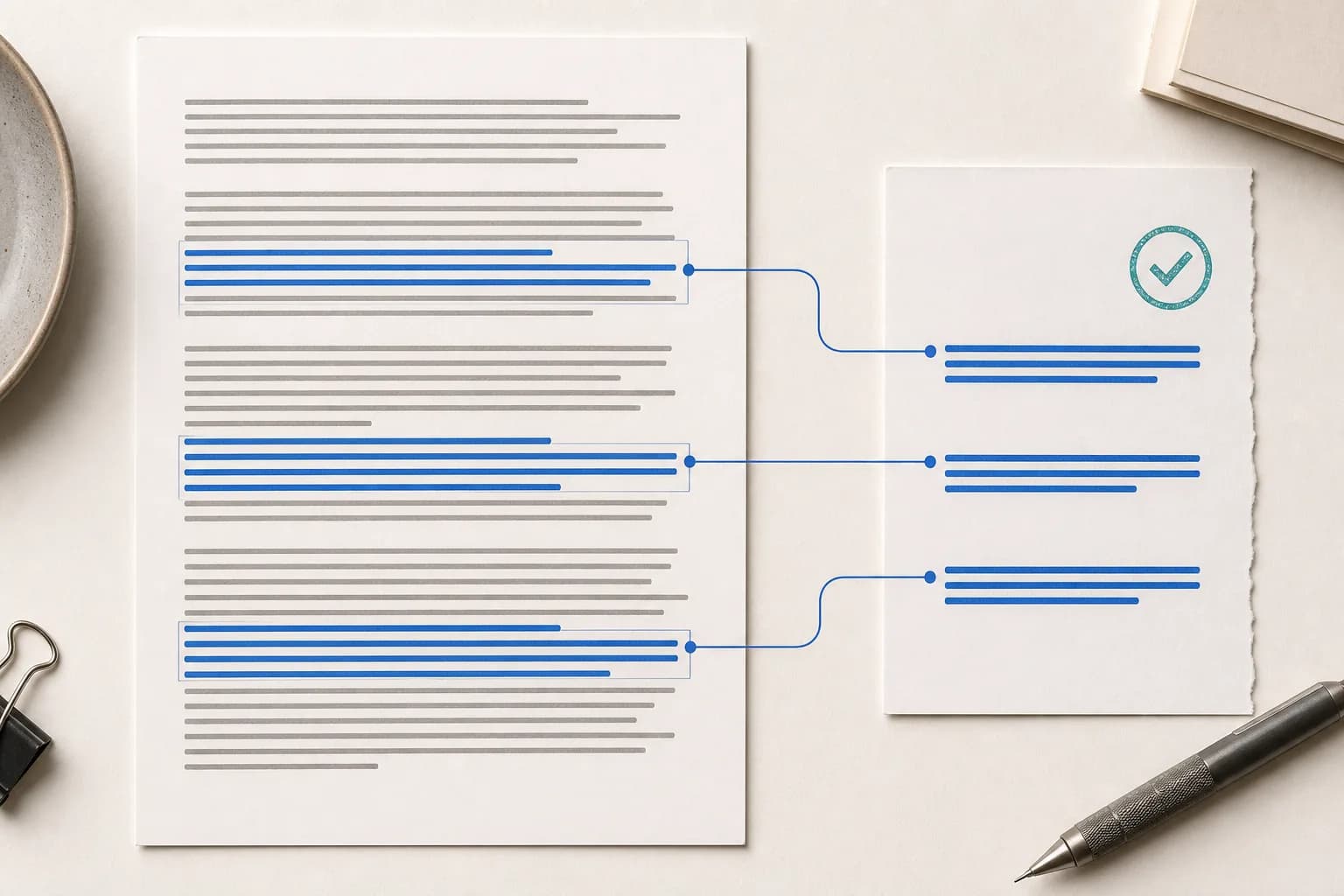Highlighted sentence groups traced from a long source document into a shorter result