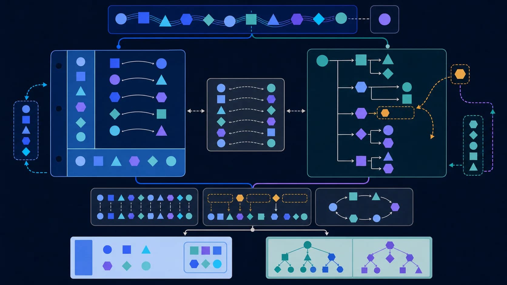 One source stream dividing into a Cornell cue and summary layout and a nested outline, with both formats returning through source checks and recall loops