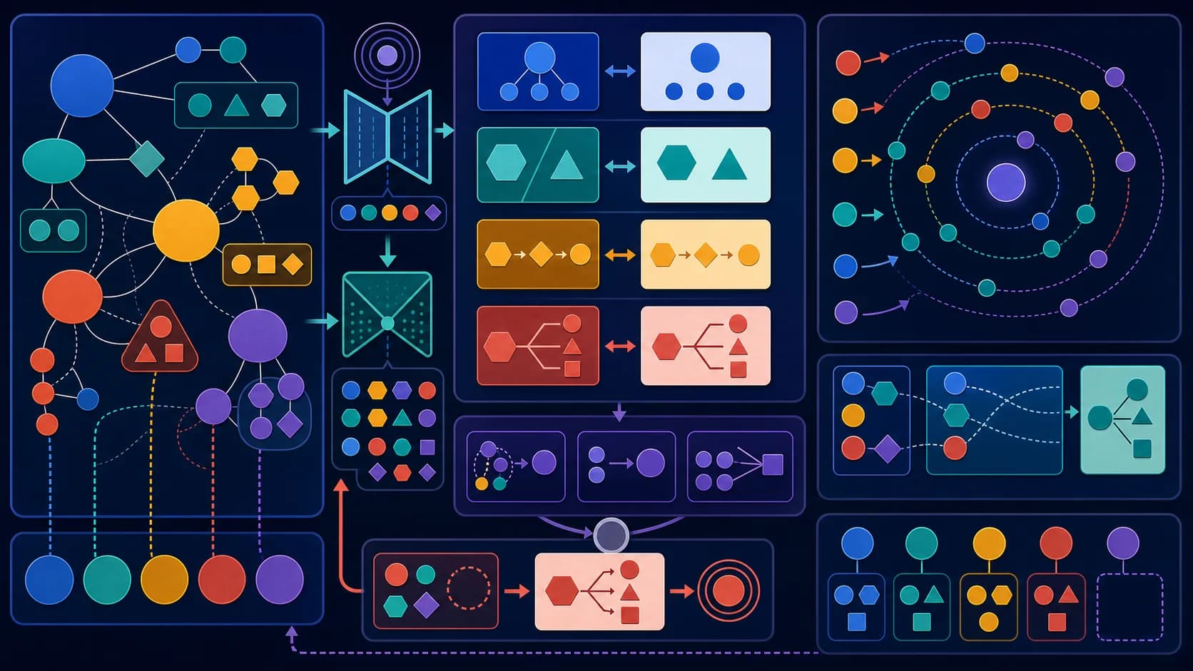 A geometric note map splitting into traceable paired flashcards, feedback and adaptive retrieval loops with one uncovered source concept