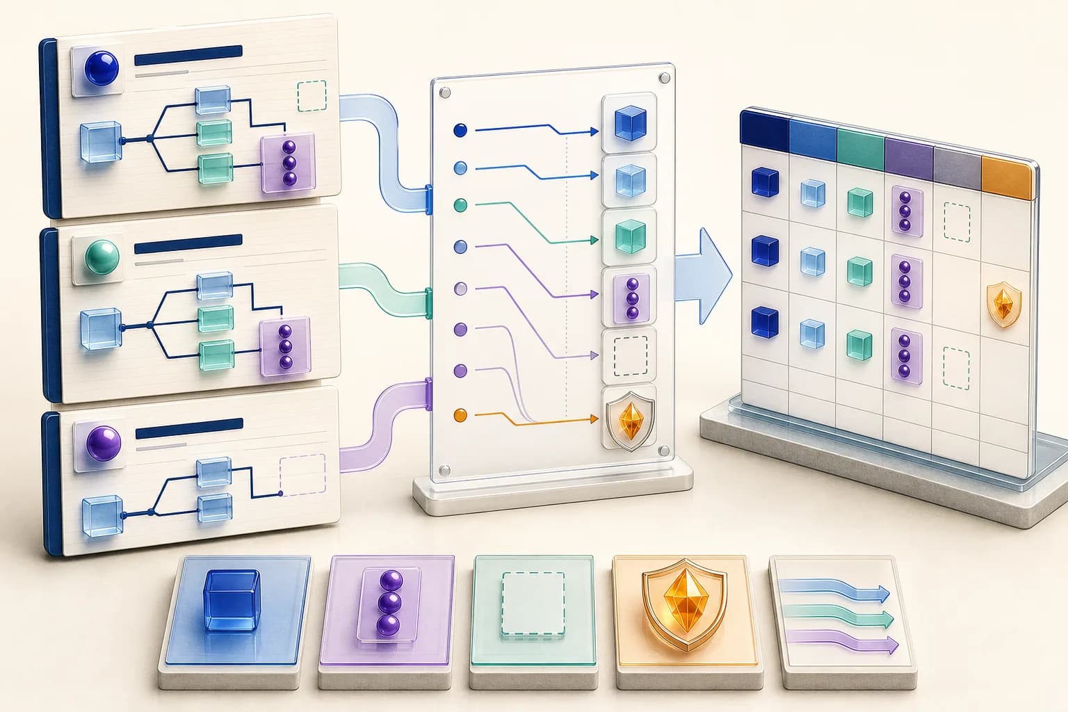 Three nested record cards passing through a protected path-mapping board into a flat table