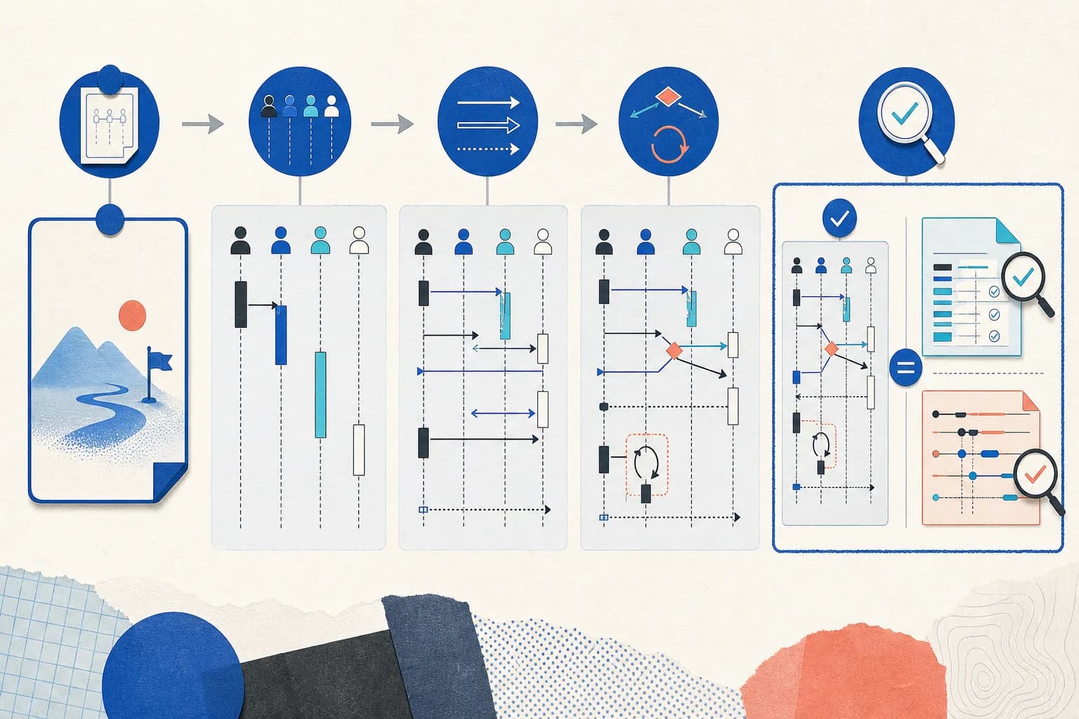 A bounded scenario moving through participant lifelines and ordered arrows into a review that compares the authored diagram with contract and trace evidence