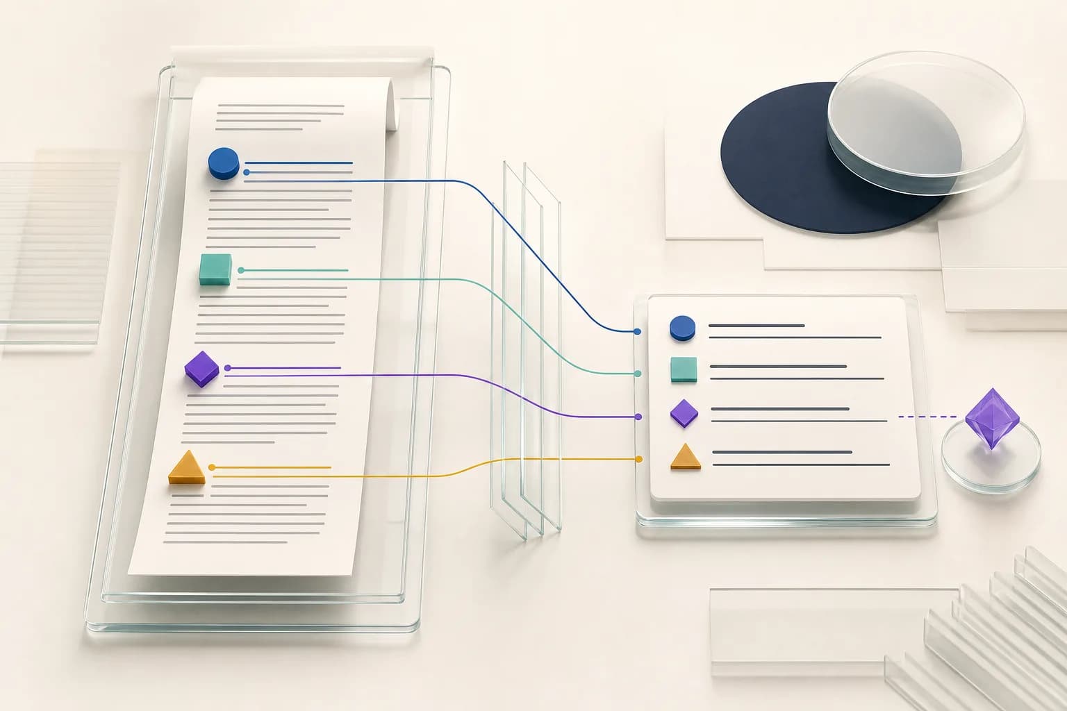 Four colored context anchors connected from a long source document into a concise result card