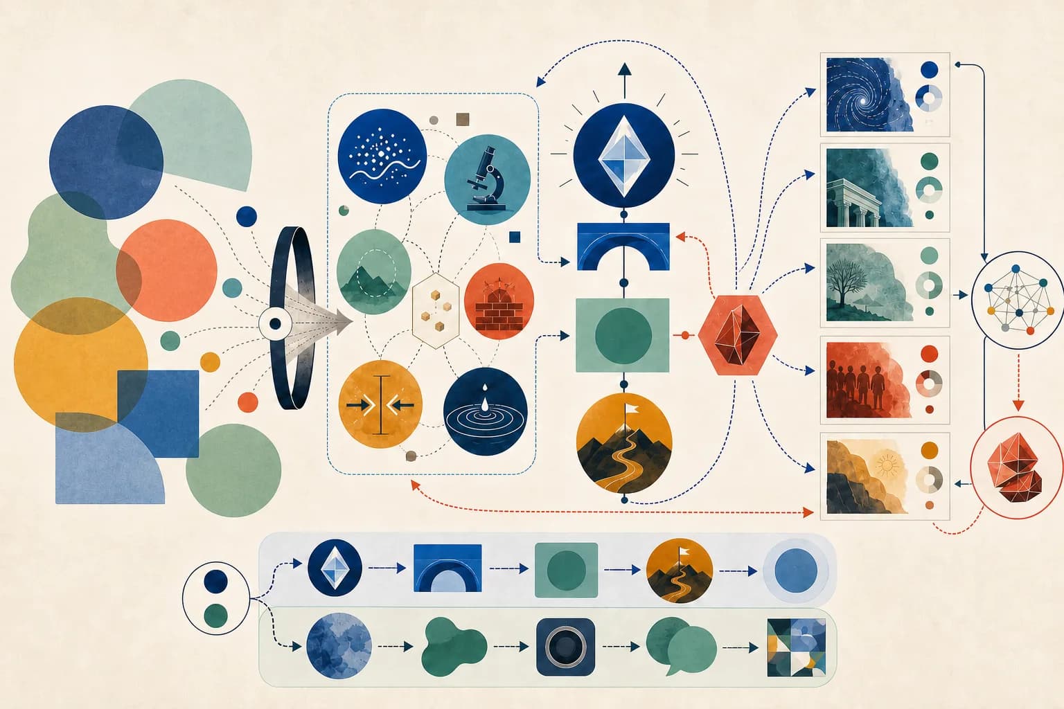 An abstract topic narrows into evidence tokens and a revisable claim spine, then branches through counterclaim and reverse-outline checks into a coherent argument