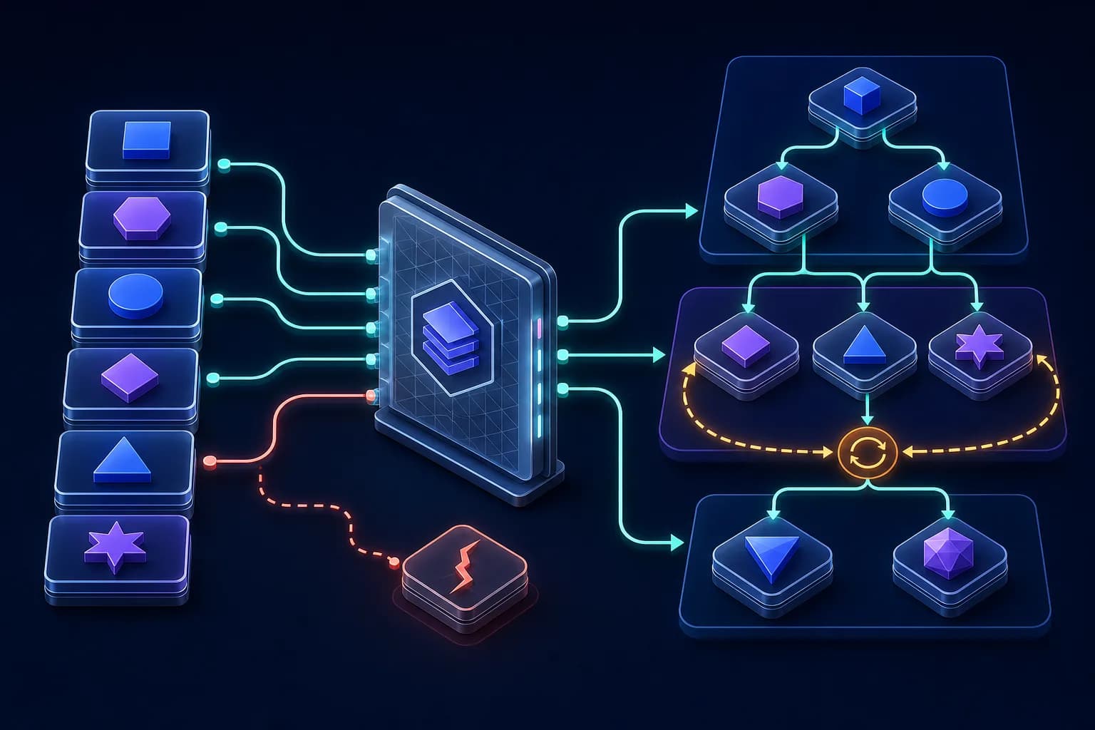 Module tiles passing a validation gate and becoming a layered dependency graph with one highlighted cycle-review loop