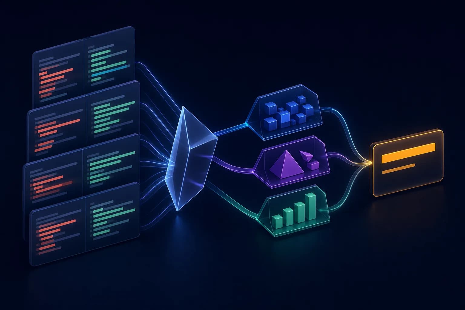 Layered code-change bars passing through an analysis prism into one concise commit card