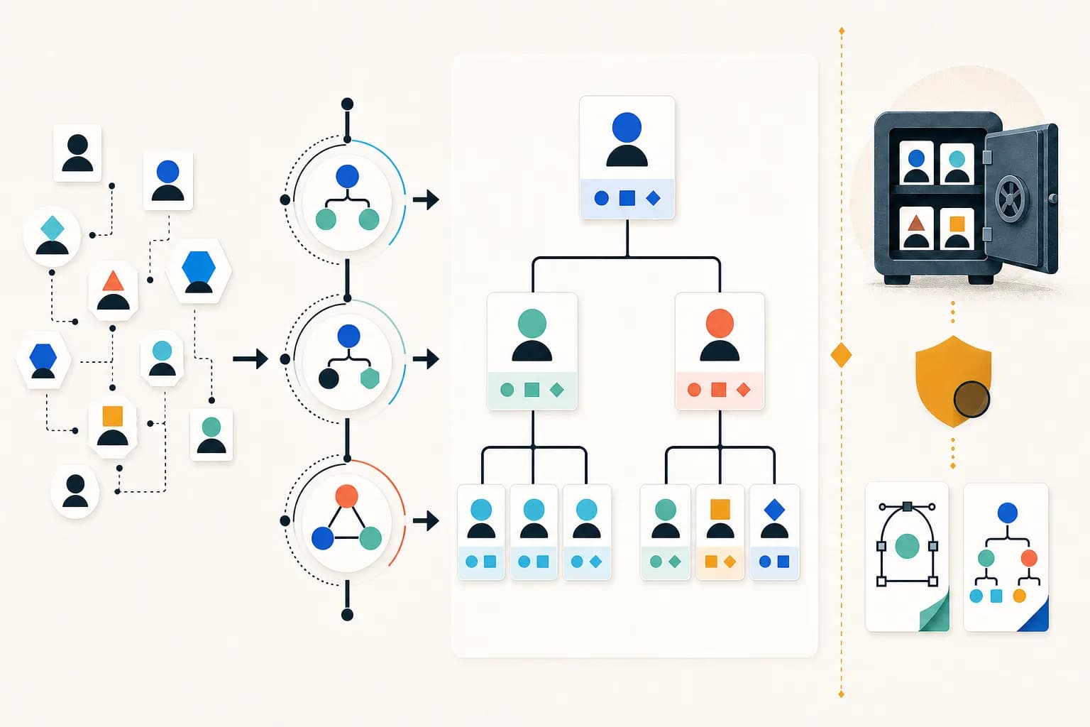 Geometric role tokens passing three hierarchy validation gates before a single-root organization chart separated from an HR records vault