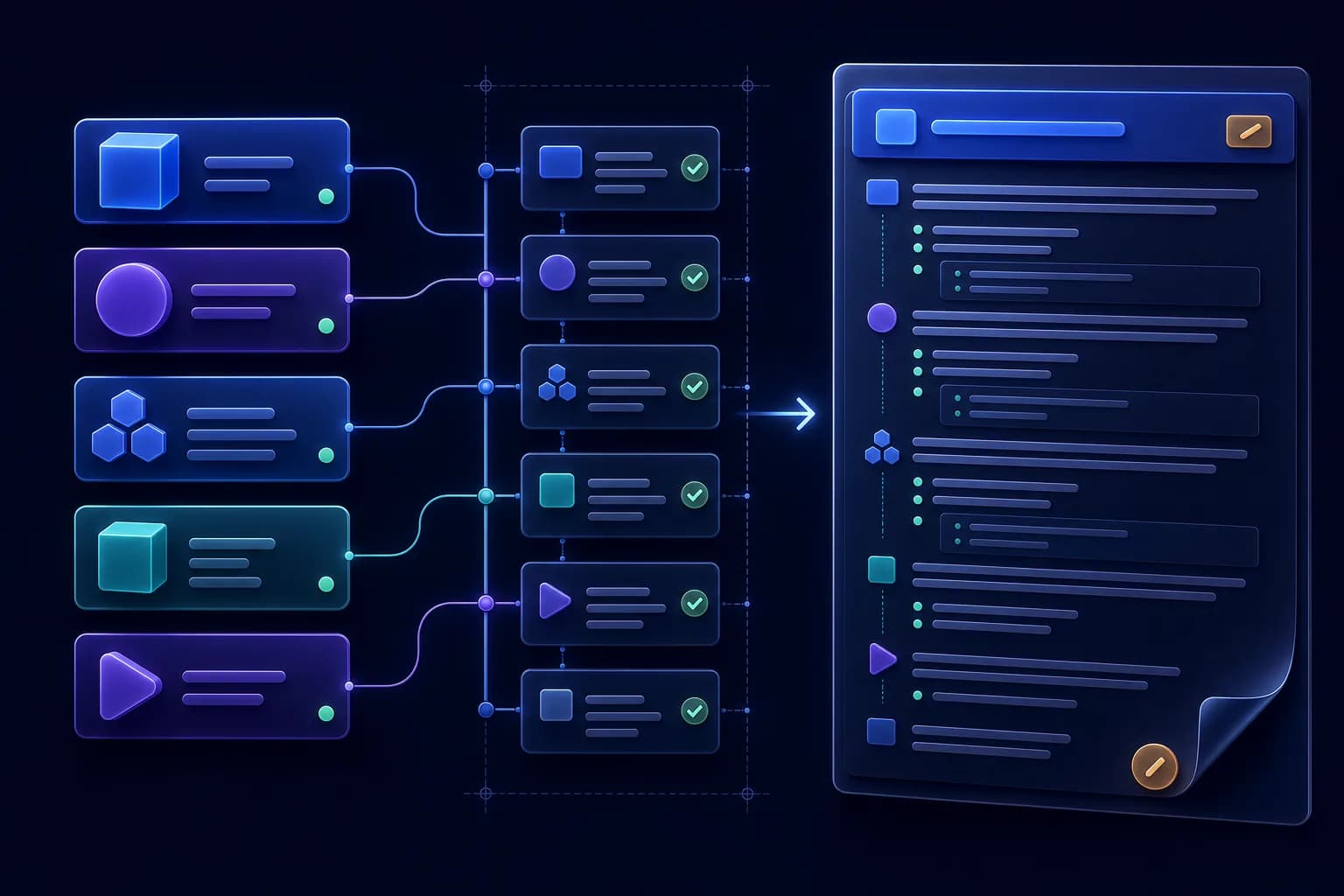 Project fact cards passing through a checked outline into a structured README document