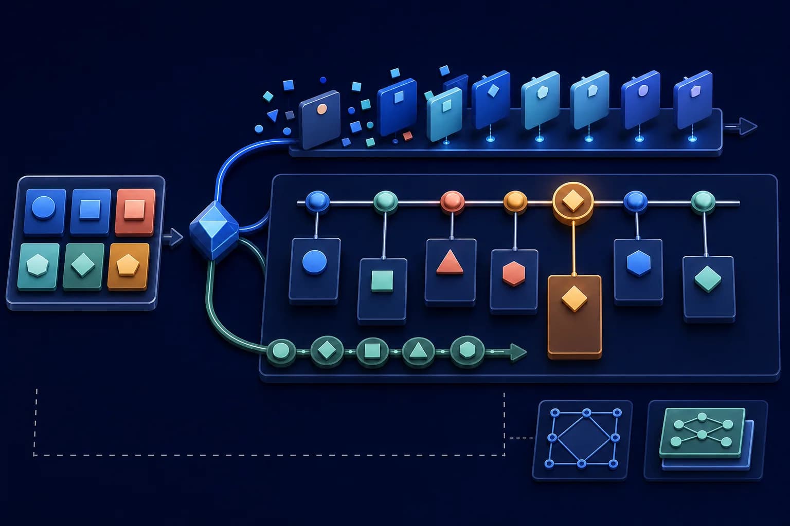 A geometric event manifest splitting into a sorted calendar path and preserved process path before a balanced milestone timeline and export boundary